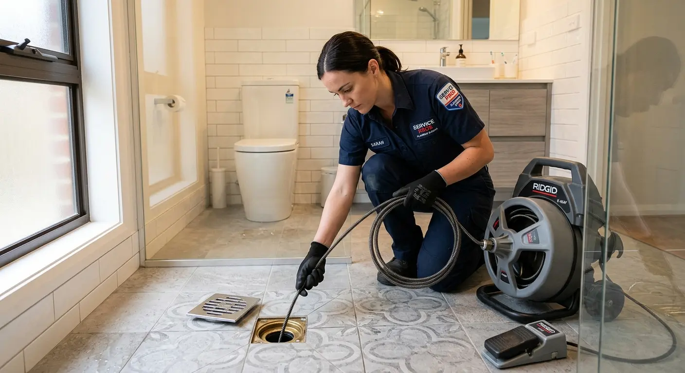 Technician clearing a bathroom floor drain for Sewer Line Replacement in Hannibal